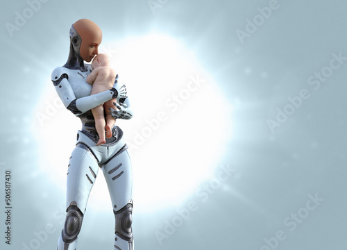 Robot looking after a baby, illustration