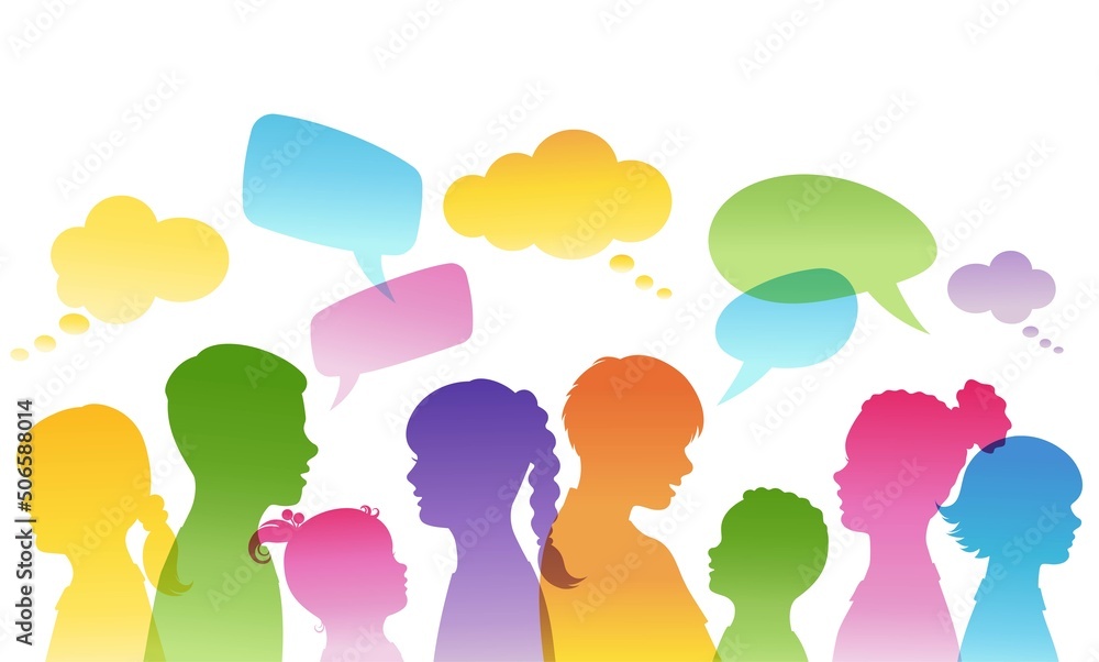 Silhouette of group of children in profile. Children talking with speech bubbles. Communication of multi-ethnic people. Isolated. Vector illustration