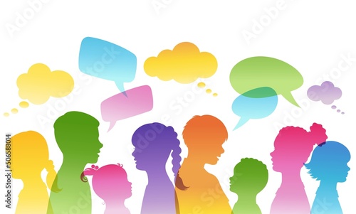 Silhouette of group of children in profile. Children talking with speech bubbles. Communication of multi-ethnic people. Isolated. Vector illustration