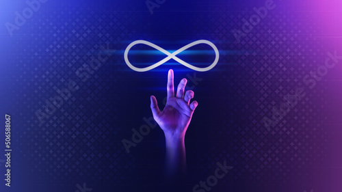 Hand touch metaverse infinite loop unlimited technology futuristic digital connection background of virtual reality cyberpunk world or internet game innovation cyber network and hologram experience. photo