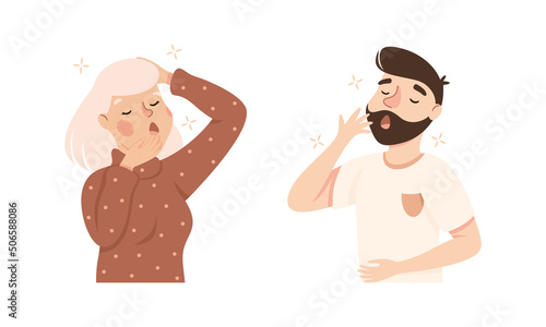 Sleepy Man and Woman Yawning Feeling Need for Sleep Vector Illustration Set