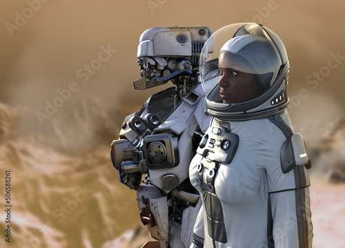 Astronaut with a robot on Mars, illustration