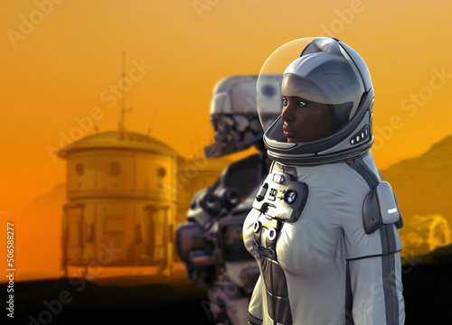 Astronaut with a robot on Mars, illustration