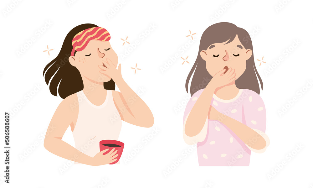 Sleepy Woman Yawning Feeling Need for Sleep Vector Illustration Set Sleepy Woman Yawning Feeling Need for Sleep Vector Illustration Set