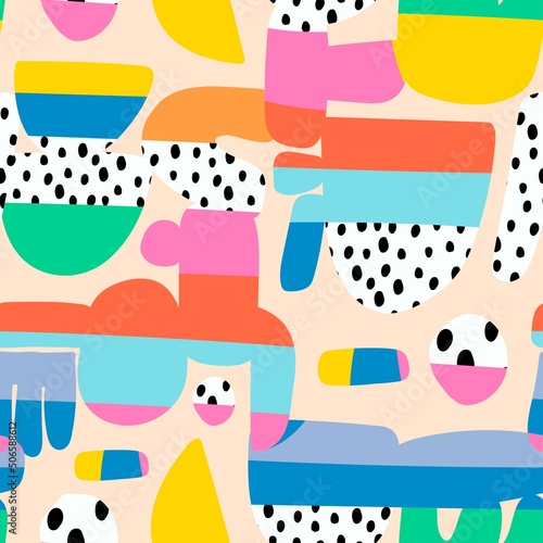Abstract background. Square seamless Pattern. Hand drawn various shapes. Contemporary modern art. Trendy colorful Vector illustration. Bright colors. Poster, wallpaper template