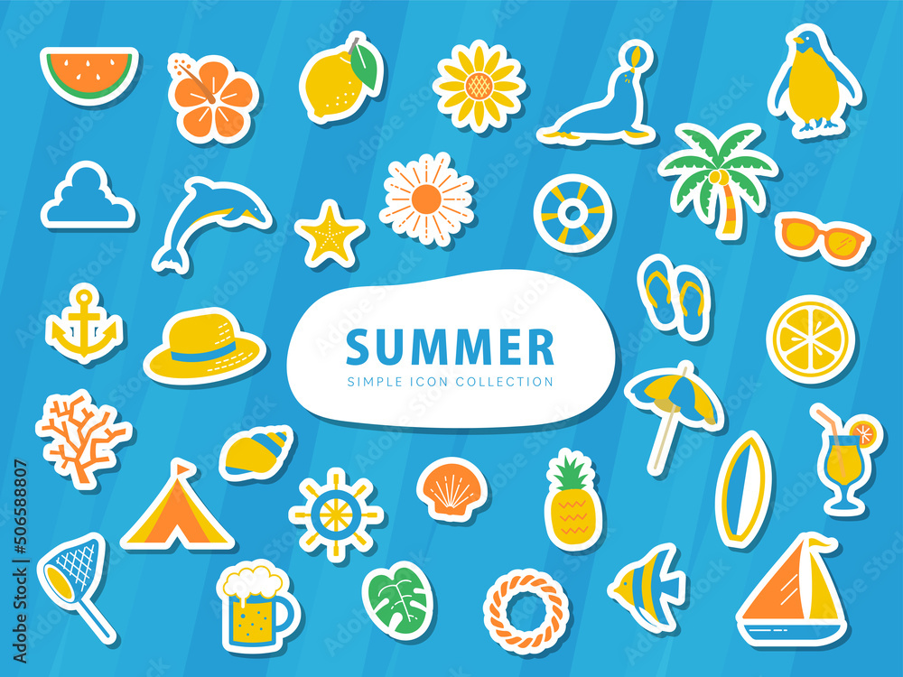 夏のシンプルなイラストアイコンセット / シール / ビーチ、海、自然、動物、花、フルーツ