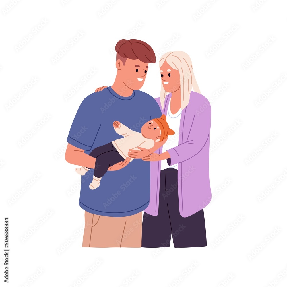 Parents holding baby boy in hands. Happy couple, young mother and father with infant in arms, cute little son kid. Mom, dad and smiling child. Flat vector illustration isolated on white background Parents holding baby boy in hands. Happy couple, young mother and father with infant in arms, cute little son kid. Mom, dad and smiling child. Flat vector illustration isolated on white background