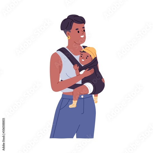 Happy young mother carrying baby in sling. Mom with infant, toddler in carrier wrap. Black woman holding cute little child. Mommy and kid. Flat vector illustration isolated on white background