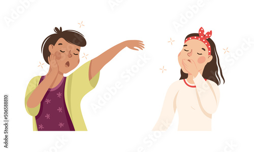 Sleepy Woman Yawning Feeling Need for Sleep Vector Illustration Set