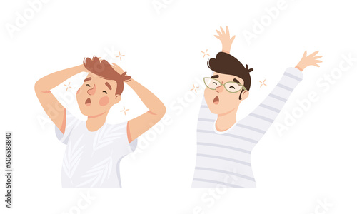Sleepy Man Yawning Feeling Need for Sleep Vector Illustration Set