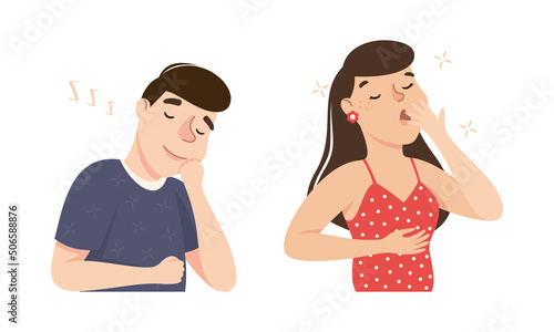 Sleepy Man and Woman Yawning Feeling Need for Sleep Vector Illustration Set