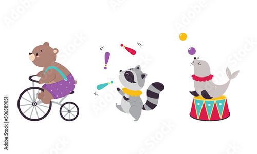 Circus Bear and Raccoon Animal Cycling and Juggling Performing Trick Vector Illustration Set