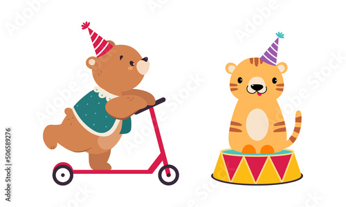 Circus Bear and Tiger Riding Kick Scooter Performing Trick Vector Illustration Set
