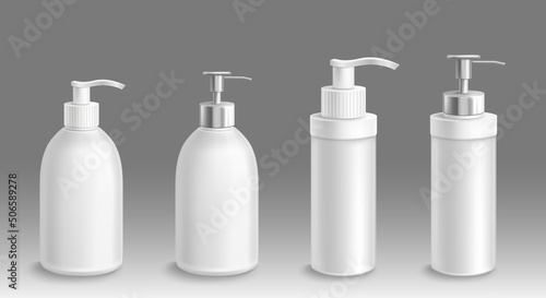 Bottle for liquid soap or lotion 3d vector mockup. Isolated antibacterial or antiseptic gel airless pump containers, white blank plastic packages with dispenser for bath or toilet, Realistic mock up