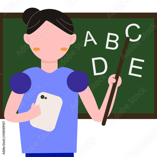 Female teacher point black board while teaching