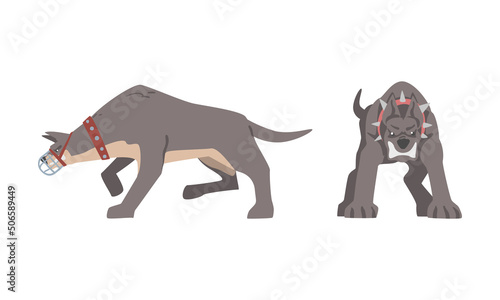 Aggressive Large Dog in Collar Baring Its Teeth in Angry Grin Vector Set