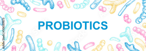 Hand drawn probiotics design for packaging and branding. Vector illustration in sketch style. Microscopic bacteria close-up. Biology background