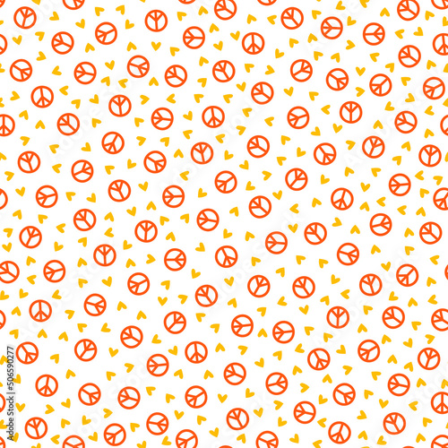 Seamless pattern with hearts and peace sign.