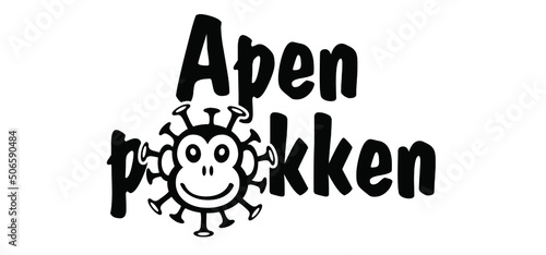 Cartoon slogan monkey virus or monkeypox to translate in Dutch apenpokken. The virus belongs to the genus Orthopoxvirus in the family Poxviridae. infectious disease. Ape face. Vector monkey pox