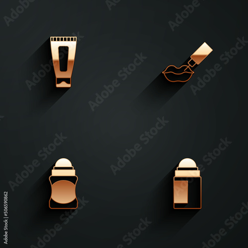 Set Cream or lotion cosmetic tube, Lip augmentation, Deodorant roll and icon with long shadow. Vector