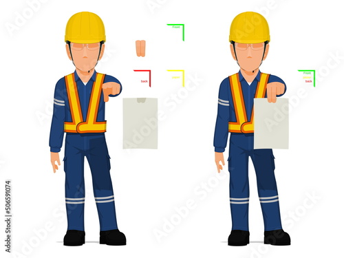set of industrial worker is presenting a piece of paper