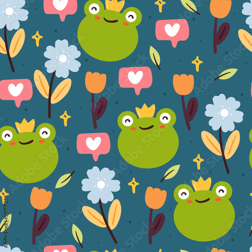 seamless pattern hand drawing cartoon frog with flower and plant. cute animal wallpaper in blue background for textile  fabric print