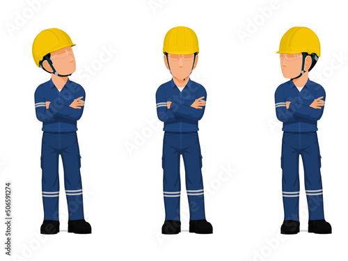 set of industrial worker with folded arms on white background