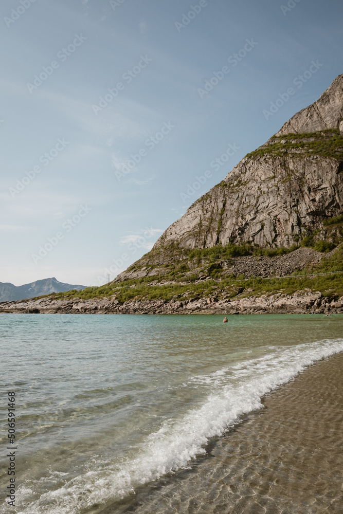 Sandy beach and mountain in Lofoten, close to Henningsvær, Northern Norway. 