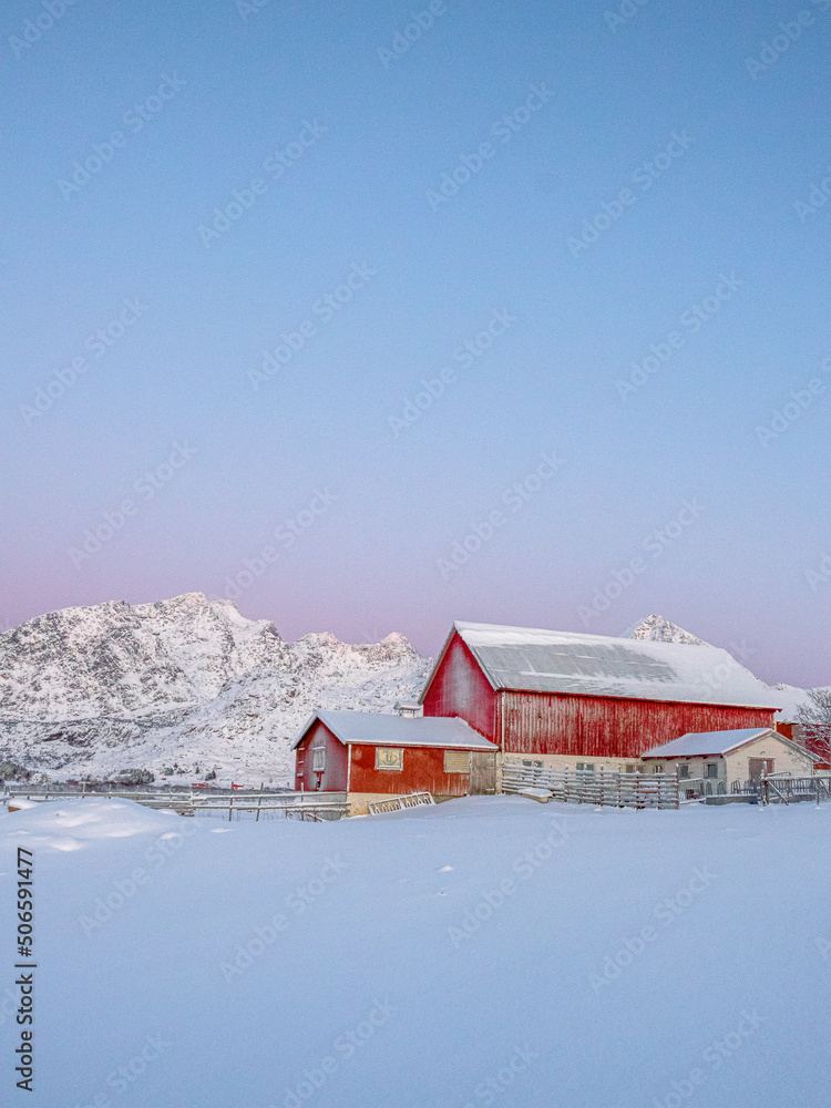 A red barn against a cotton candy sky and snowy mountains  in Leknes in Lofoten during arctic winter. 