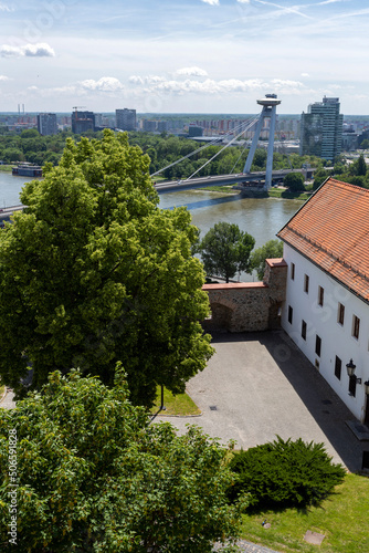 Photography View of the Most SNP bridge in Bratislava from the castle hill