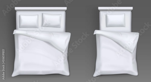Top view of beds with mattress, white pillows, blanket and sheet. Vector realistic mockup of 3d hotel or house furniture for sleep and rest with blank linen bedclothes