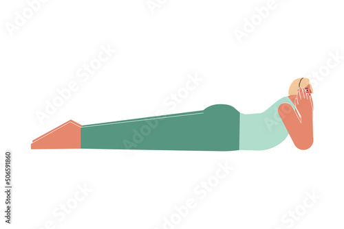 Vector concept with flat female character. Strong blonde woman learns posture with backbend and does Makarasana at yoga class. Fitness exercise for beginners - Crocodile Pose photo