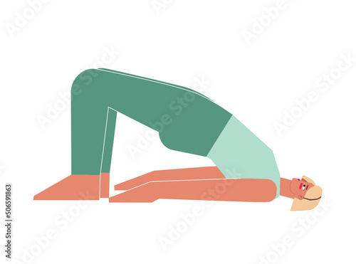 Vector concept with flat female character. Sportive blonde woman learns posture with backbends - Setu Bandha Sarvangasana at yoga class. Fitness exercise for beginners - Bridge Pose