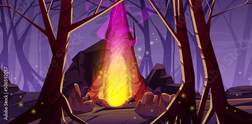 Magic portal between tree trunks in deep dark forest. Vector cartoon fantasy illustration of scary night wood landscape with bare trees, stones, and fantastic glow gates to alien world