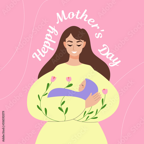 Happy Mother's Day card. Young mother cuddling her child. Vector cartoon illustration.