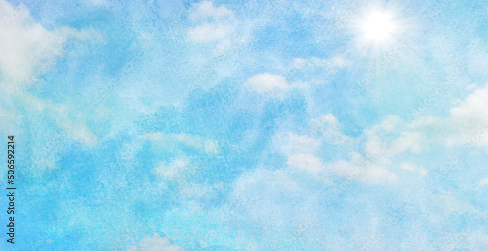 水彩画のような優しい空 明るい太陽の手描き背景素材