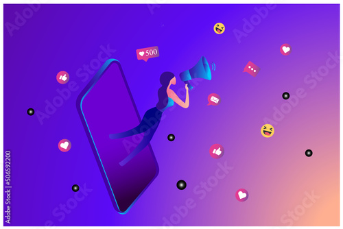 Beautiful woman shouting in loud speaker with social media icons. Influencer social media marketing, blogger, vlogging, social influencer and influencer marketing concept vector illustration