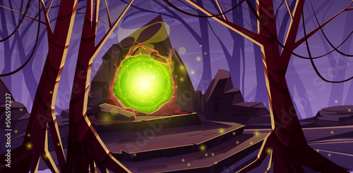 Magic portal in forest on top of stone stairs, mysterious landscape background with trees and glowing gate entrance with green plasma and haze swirls. Fantasy book or game Cartoon vector illustration