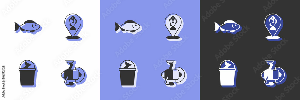 Set Spinning reel for fishing, Fish, Fishing bucket with and Location icon. Vector