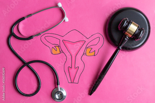 Drawing of female reproductive system with judge's gavel and stethoscope.
Conceptual about abortion, legislation, feminism, woman