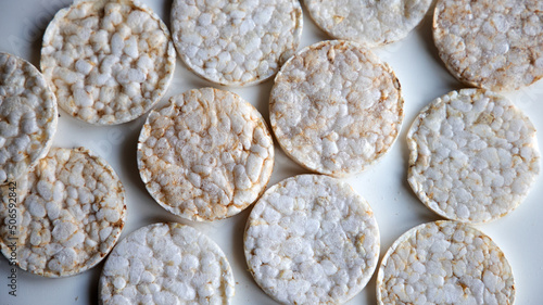 closeup and texture of puffed rice pancakes
