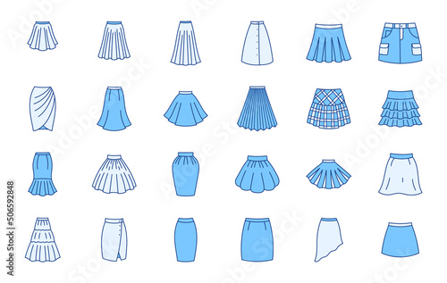 Clothes skirts doodle illustration including icons - cargo, draped, gored, plisse, kilt, bubble, pencil, asymmetric petticoat. Thin line art about women apparel. Blue Color, Editable Stroke