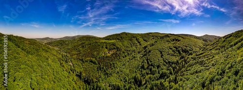 Obraz na płótnie Góry, Beskid Śląski, Stożek i okolice, panorama z lotu ptaka od strony Czech wiosną w salonie