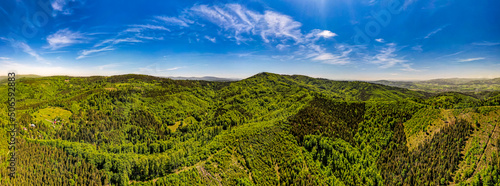 Góry, Beskid Śląski, Stożek i okolice, panorama z lotu ptaka od strony Czech wiosną photo