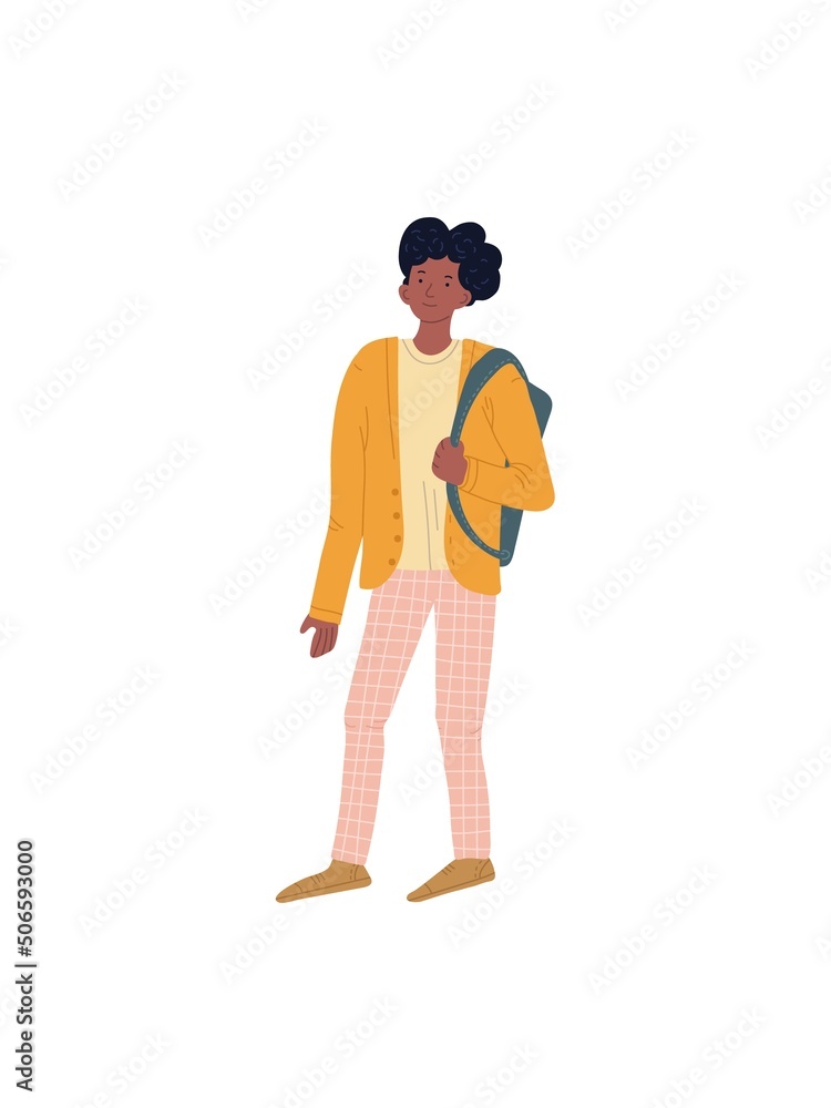 Vector cartoon flat hipster man character in stylish outfit with backpack isolated on empty background-young people life,trendy collection and fashion lifestyle concept,web site banner ad design Vector cartoon flat hipster man character in stylish outfit with backpack isolated on empty background-young people life,trendy collection and fashion lifestyle concept,web site banner ad design