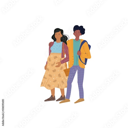Vector cartoon flat characters couple on walk on empty background.Young man hugs pregnant girl-emotions and love,happy family,healthy personal relationships social concept,web site banner ad design