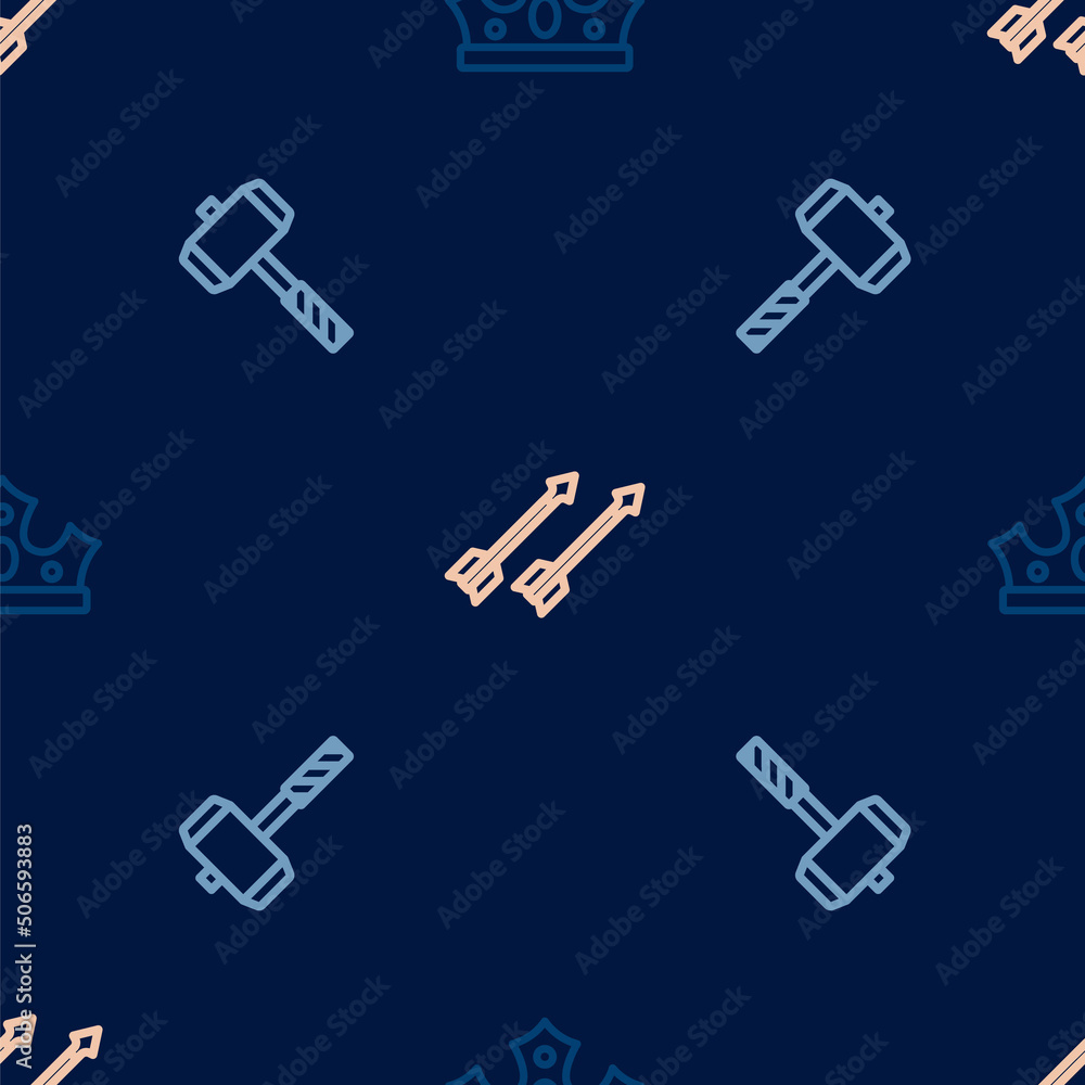 Set line King crown, Battle hammer and Medieval arrows on seamless pattern. Vector Set line King crown, Battle hammer and Medieval arrows on seamless pattern. Vector