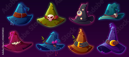 Scary witch and wizard hats for Halloween costume. Vector cartoon set of fantasy magic accessory for magician and sorceress. Old spooky pointed caps with buckles, eyes, belts and teeth