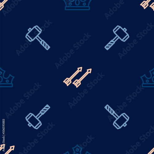 Set line King crown, Battle hammer and Medieval arrows on seamless pattern. Vector