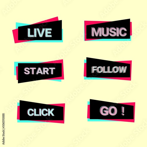 A set of stickers from a popular network. Black-pink-white advertising banners: like, foul, stream, online,click,start,music,go, play,subscribe. Vector set of icons.